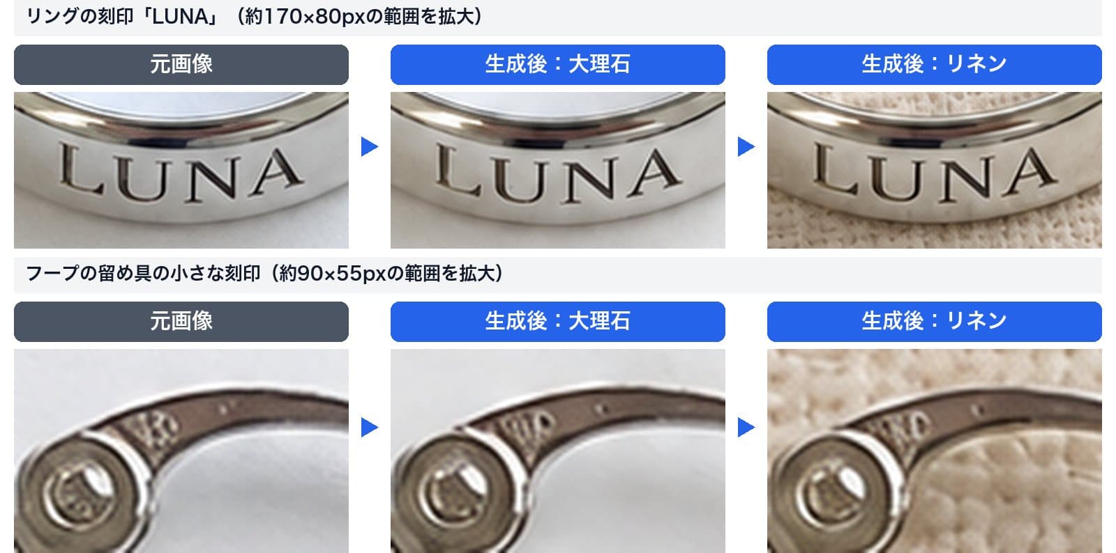 リングの刻印LUNAを拡大した3枚はどれも同じ字。フープピアスの留め具の小さな刻印を拡大した3枚は、字の形がそれぞれ違う