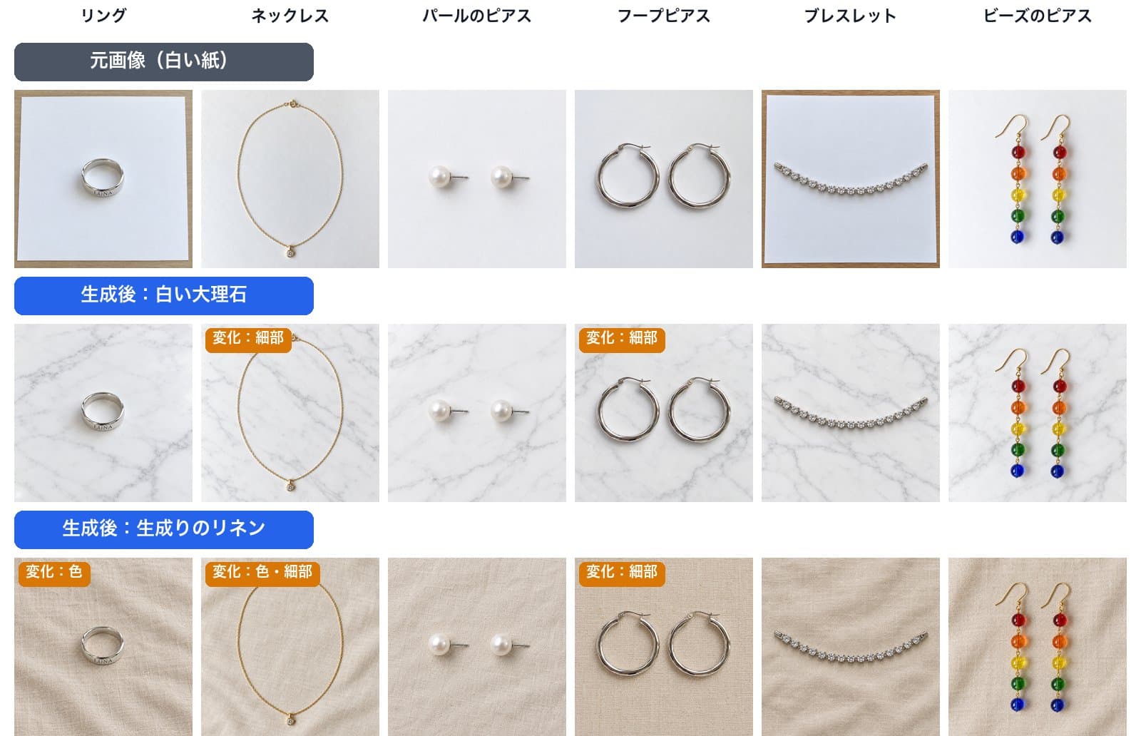 リング、ネックレス、パールのピアス、フープピアス、ブレスレット、ビーズのピアスの元画像6点と、白い大理石と生成りのリネンに背景を差し替えた12枚。リングのリネン、ネックレスの2枚、フープの2枚に変化ありの印