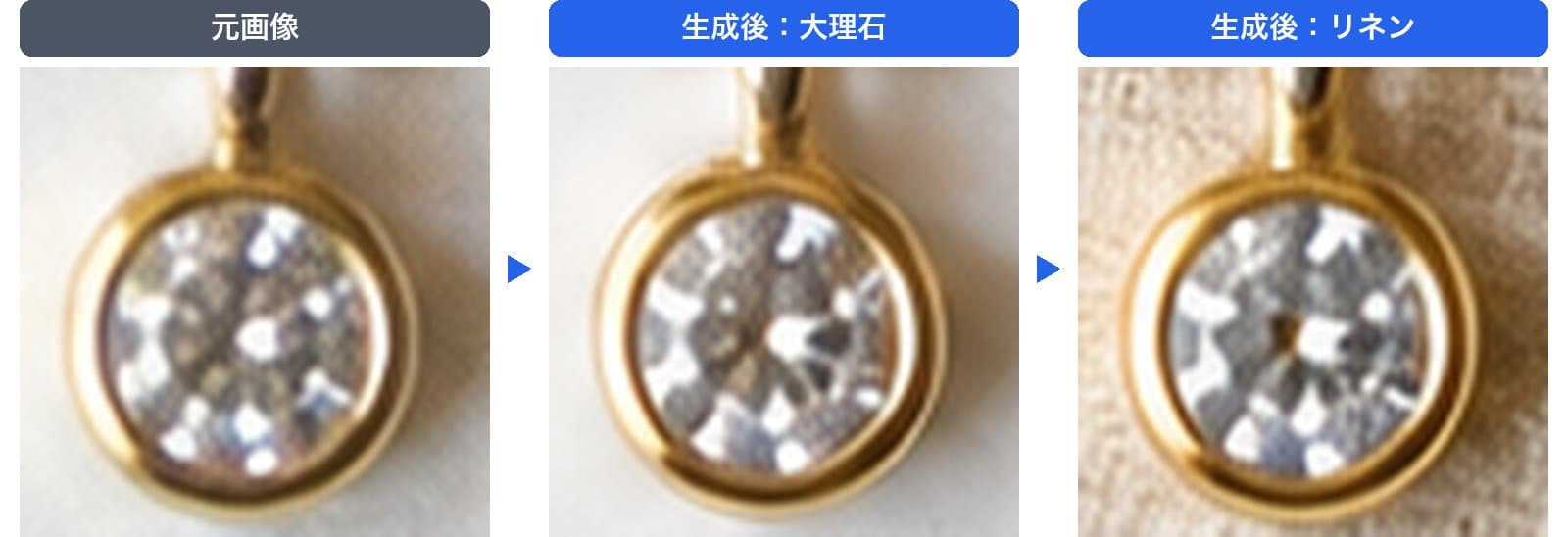 ネックレスのペンダントの石を拡大した元画像、大理石に差し替えた画像、リネンに差し替えた画像。石の中の光の模様が3枚で違い、リネンでは中央に暗い点がある