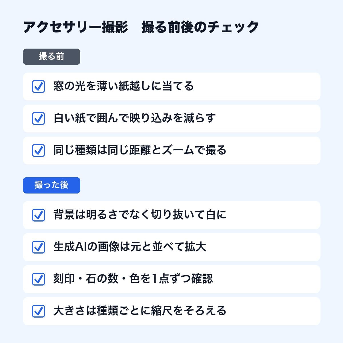 撮る前3項目と撮った後4項目のチェックリスト。窓の光を薄い紙越しに、白い紙で囲んで映り込みを減らす、同じ種類は同じ距離とズームで撮る、背景は切り抜いて白に、生成AIの画像は元と並べて拡大、刻印・石の数・色を確認、大きさは種類ごとに縮尺をそろえる