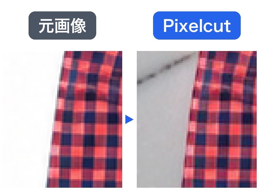 チェックのシャツの脇の縁を拡大した図。左は元画像、右はPixelcut。升目の並びは同じで、服の外側の1〜2画素だけが白から新しい背景のグレーに変わっている