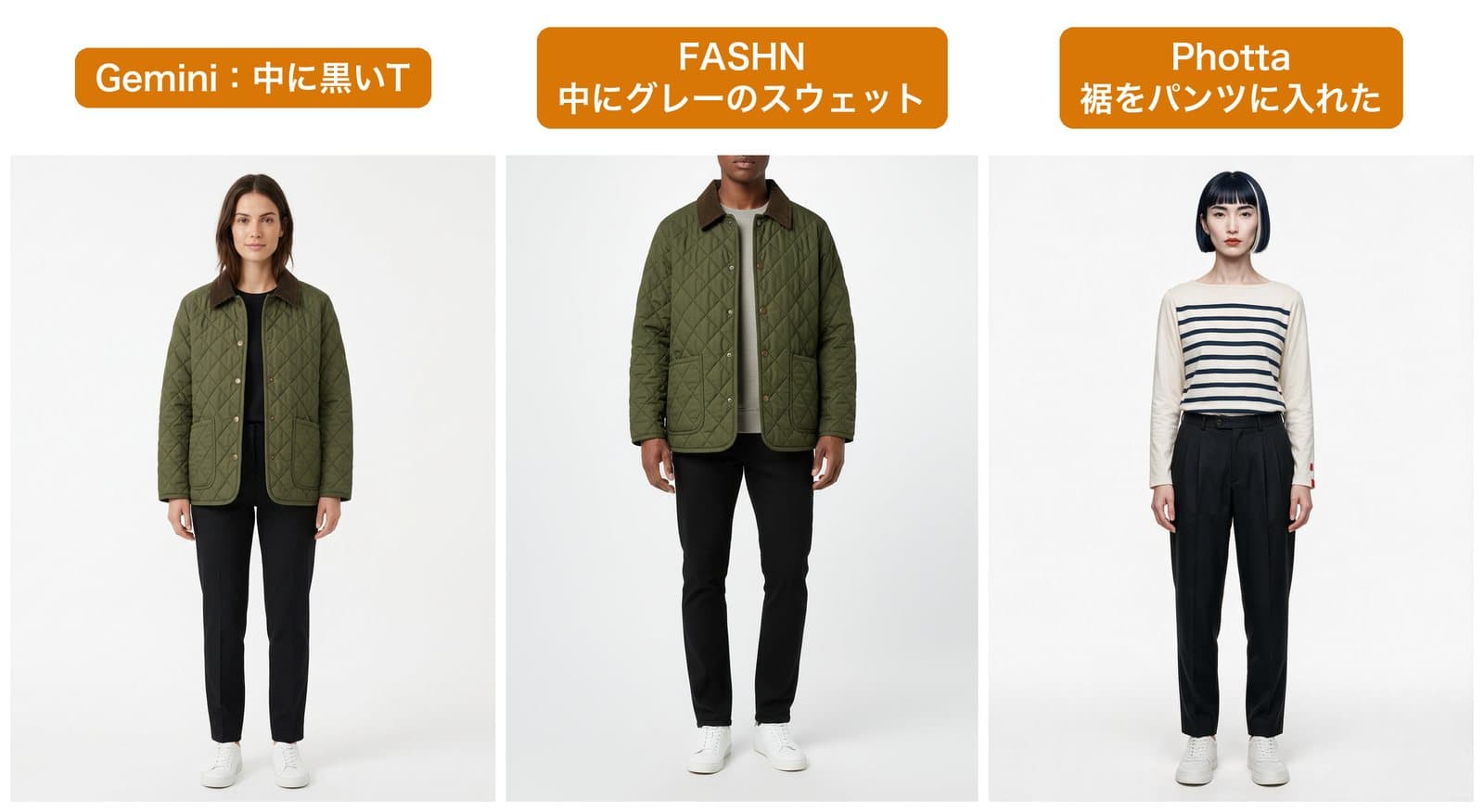 頼んでいない着こなしの3例。Geminiはジャケットの中に黒いTを着せ、FASHNはグレーのスウェットを着せ、PhottaはボーダーTの裾をパンツに入れた