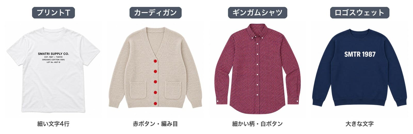 検証に使った4着。細い文字4行のプリントT、赤ボタンと編み目のカーディガン、細かい柄と白ボタンのギンガムシャツ、大きな文字のロゴスウェット