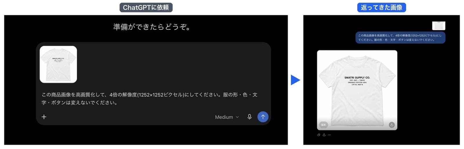 ChatGPTの画面。左が縮めたTシャツの画像と依頼の文を入れたところ、右が大きくなったTシャツの画像が返ってきたところ