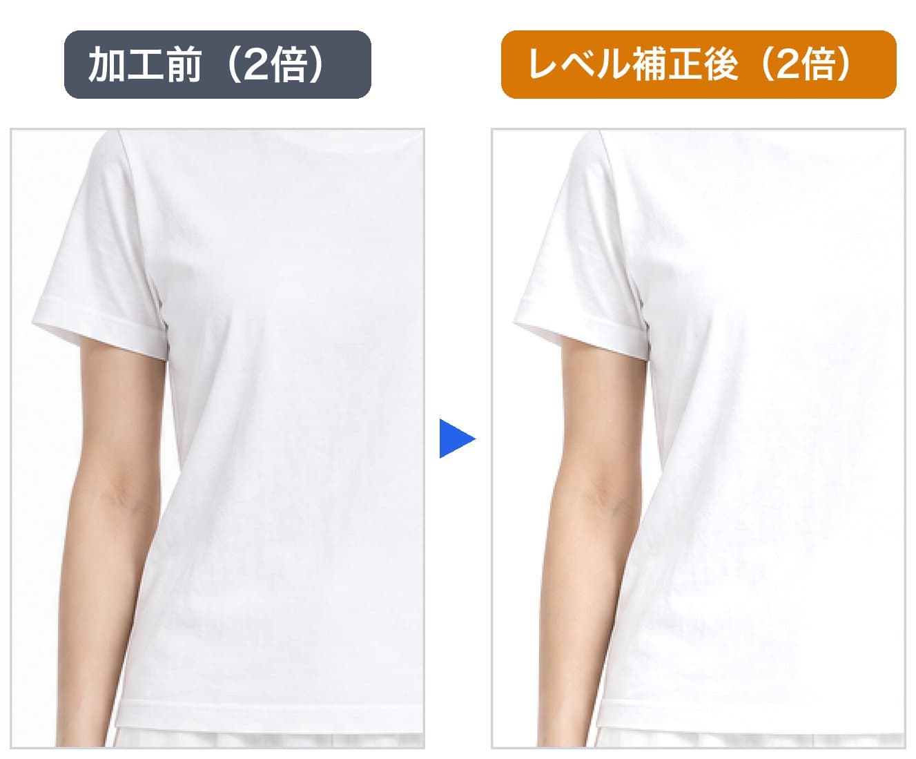 白い服を白い背景で撮った写真の胸元を2倍に拡大し、レベル補正の前後を比べた図。補正後は生地の陰影が消えている