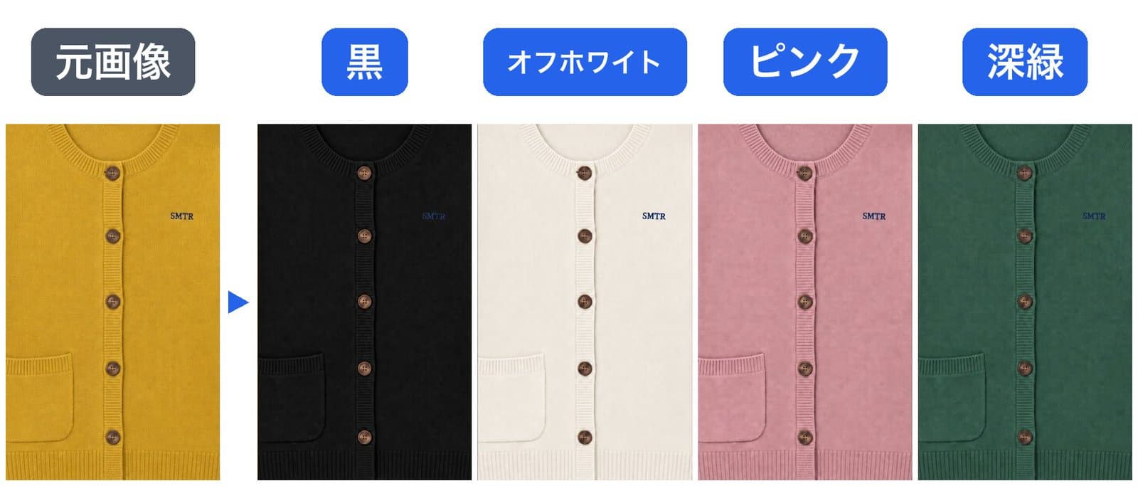 マスタード、黒、オフホワイト、くすみピンク、深緑のカーディガンの前立てとロゴとポケットを拡大して並べた画像