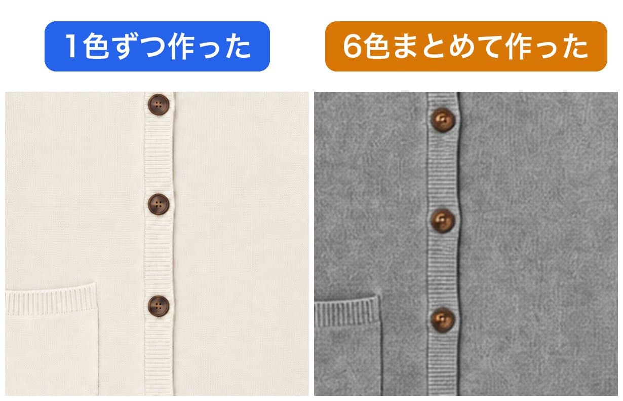 左が1色ずつ作ったオフホワイトの拡大、右が6色まとめて作ったグレーの拡大。右は編み目がまだらになり、ボタンの穴が消えている