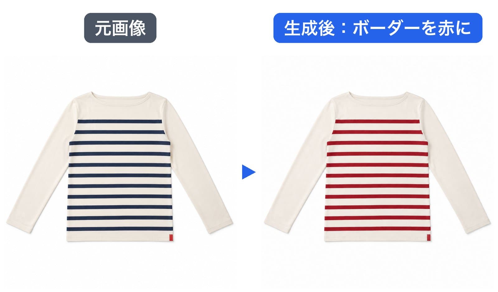 左が生成りに紺ボーダーのTシャツ、右がボーダーを赤に変えた生成結果