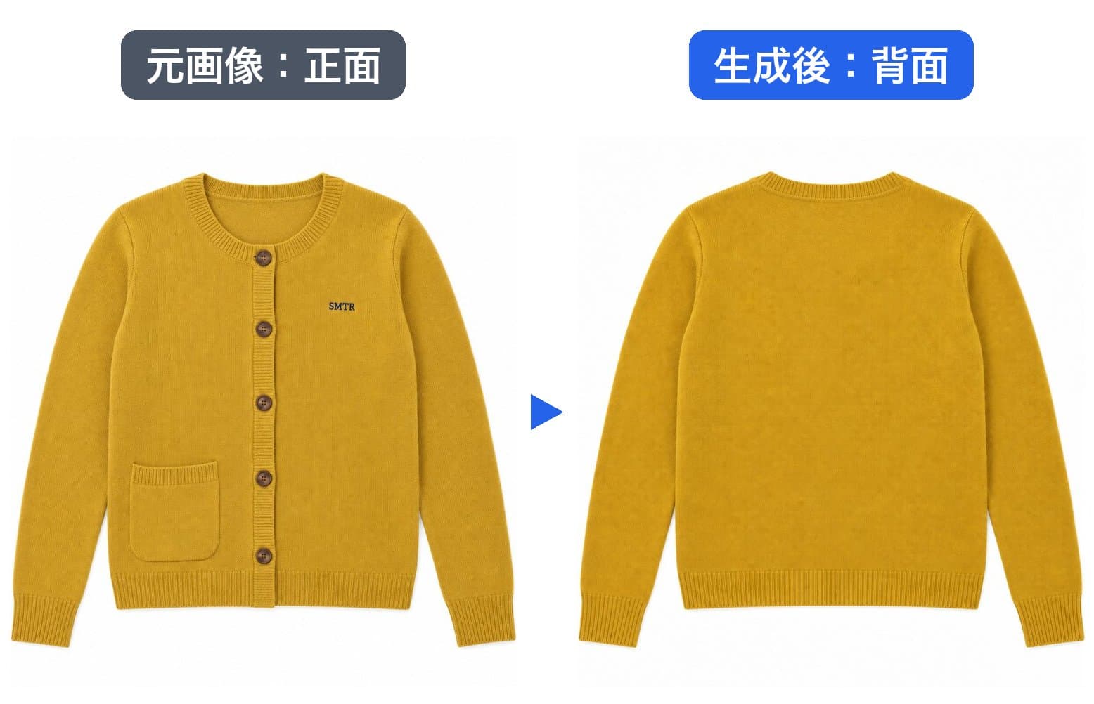 左が元のカーディガンの正面、右が生成AIが作った背面