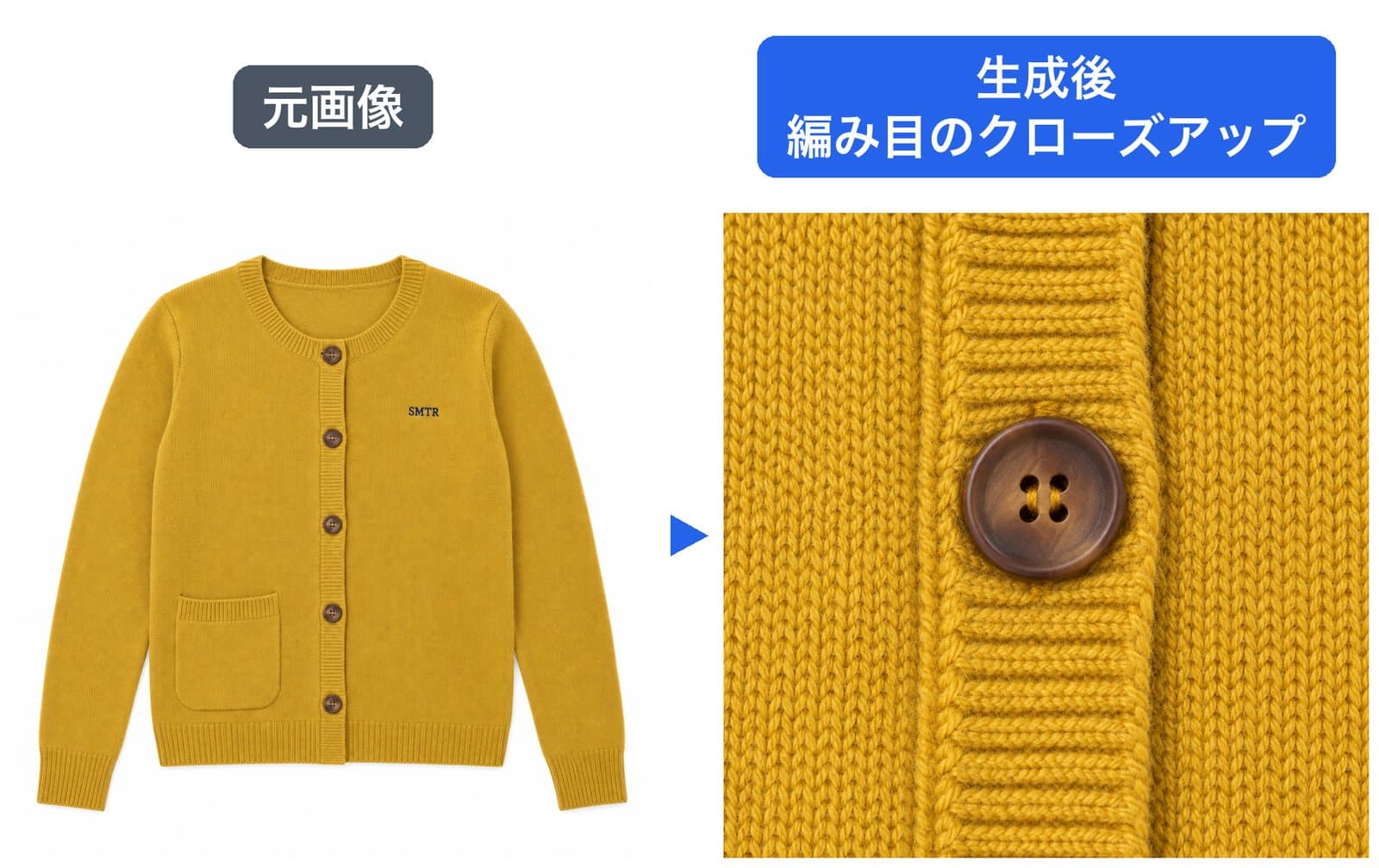 左が元のカーディガン、右が生成AIが作ったボタンまわりの編み目のクローズアップ