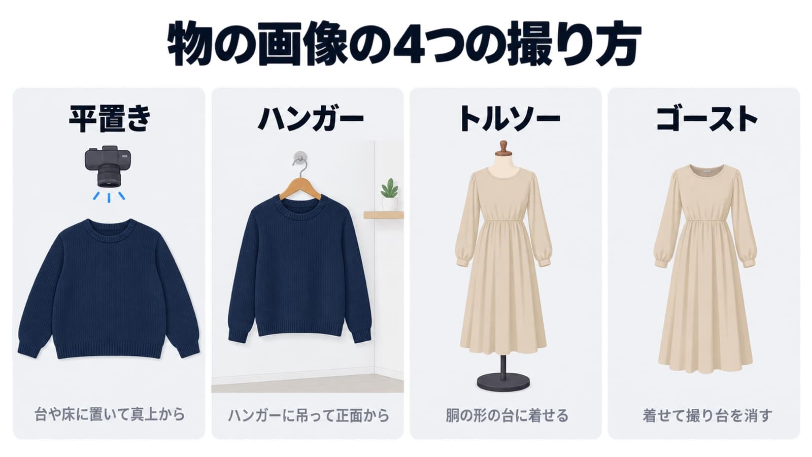 物の画像の4つの撮り方の模式図。平置きは台や床に置いて真上から、ハンガーは吊って正面から、トルソーは胴の形の台に着せる、ゴーストは着せて撮り台を消す