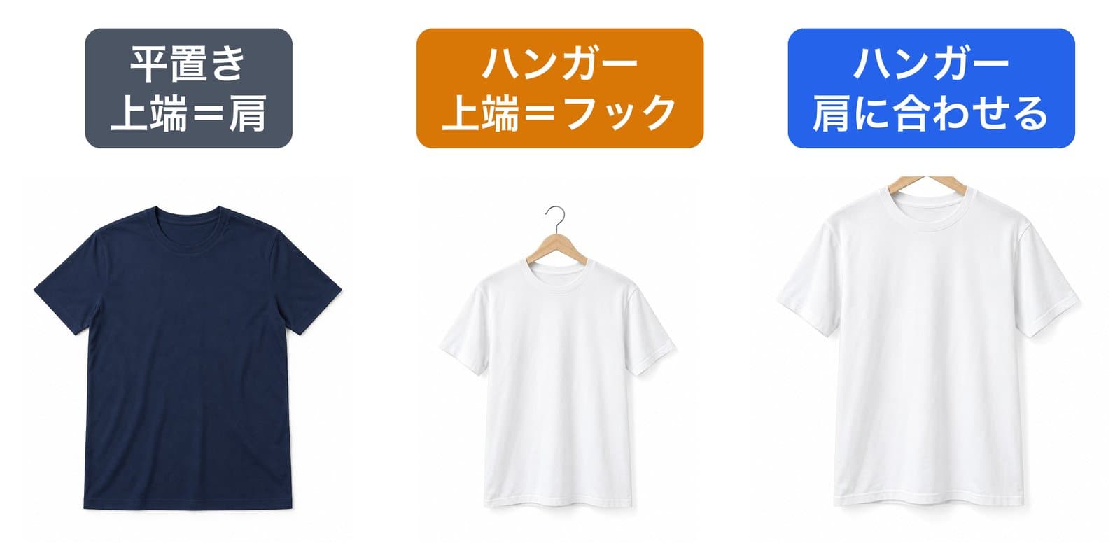 平置きのTシャツ、フックを含めて合わせたハンガーのTシャツ、肩に合わせたハンガーのTシャツの比較