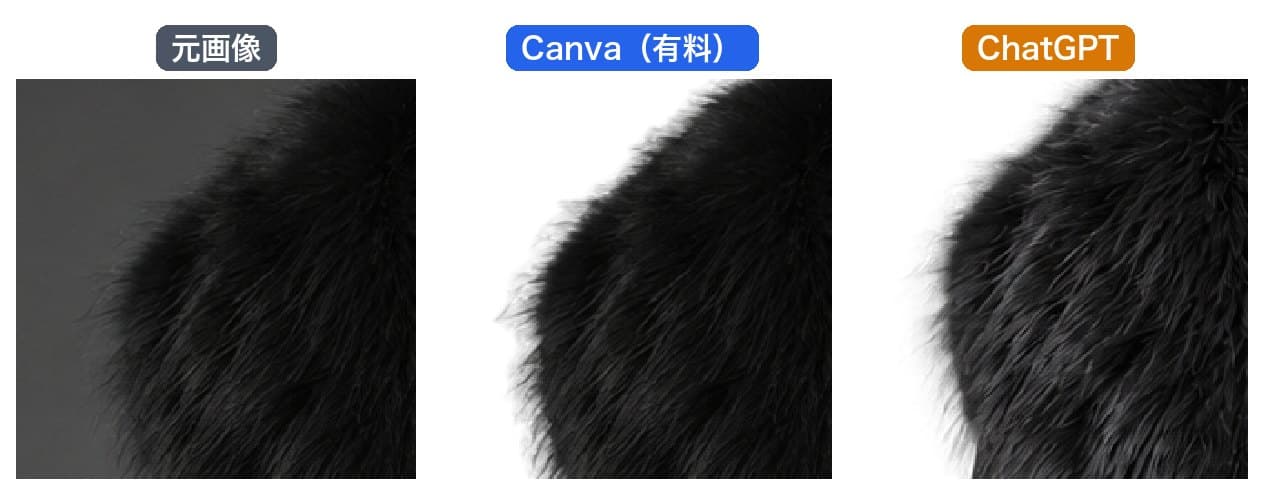 ファー襟の縁を元画像、Canva(有料)、ChatGPTで比べた図。Canvaは元の毛並みのまま抜けているが、ChatGPTは毛並みが描き直され、毛の流れや明るさが元と違う