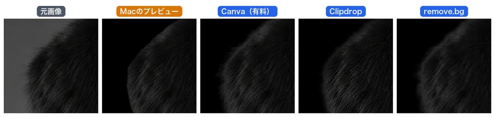 黒いファー襟の縁を等倍で比べた図。Macのプレビューは毛先を切り落として角ばった輪郭になり、CanvaとClipdropは毛先が残り、remove.bgはぼやけた