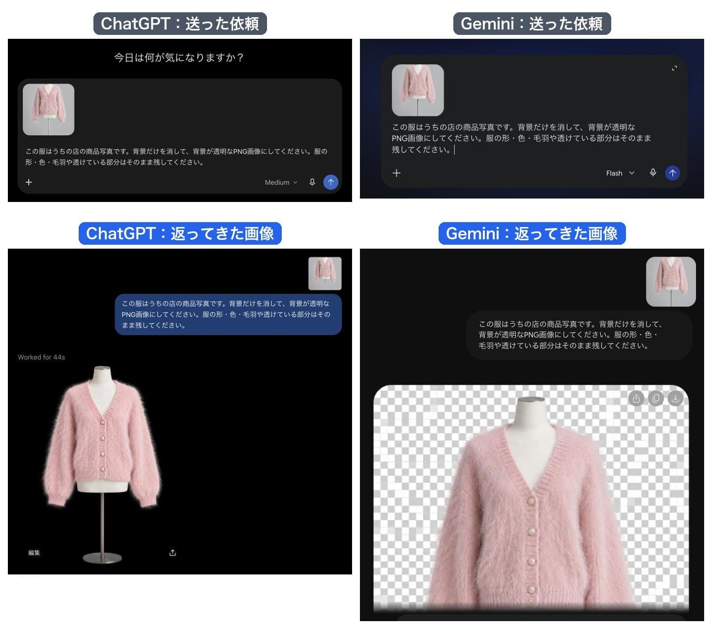 カーディガンの写真を送った画面。上の段は送った依頼で、左がChatGPT、右がGemini。下の段は返ってきた画像で、ChatGPTは黒い画面の上にカーディガンが浮き、Geminiは市松模様の上にカーディガンを返した
