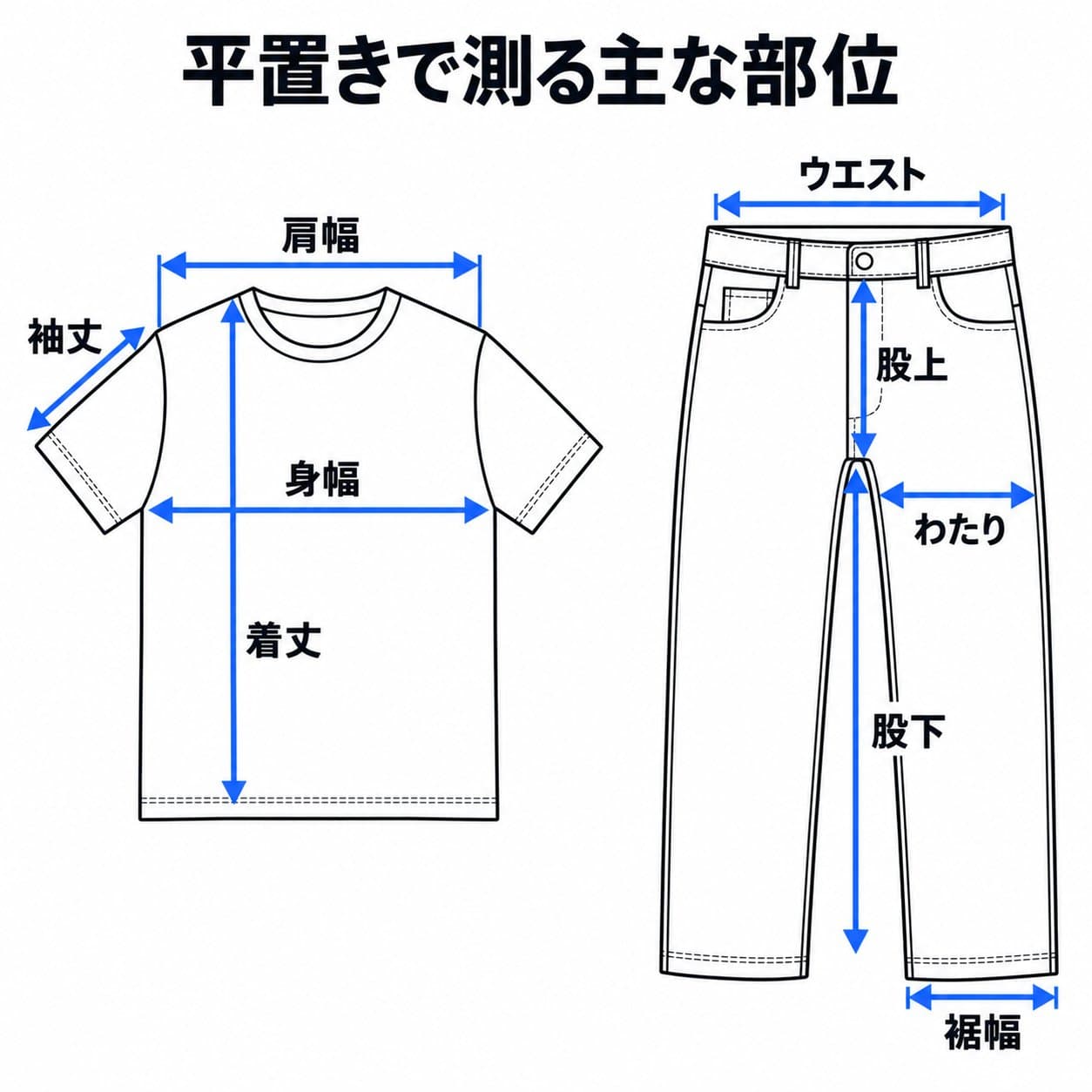 平置きのTシャツで肩幅・身幅・着丈・袖丈、ジーンズでウエスト・股上・股下・わたり・裾幅を測る位置を青い矢印で示した図
