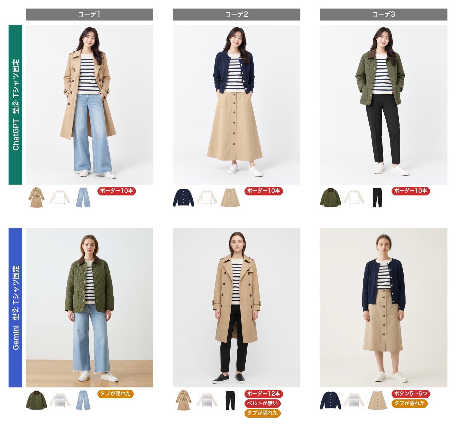 型②で生成された全身画像6枚。ChatGPTは3枚ともボーダーが10本に減った。Geminiは、キルティングとデニムでタブが隠れた、トレンチとテーパードでボーダーが12本になりトレンチのベルトが無くタブも隠れた、カーディガンとスカートでカーディガンのボタンが5つから6つに増えタブも隠れた
