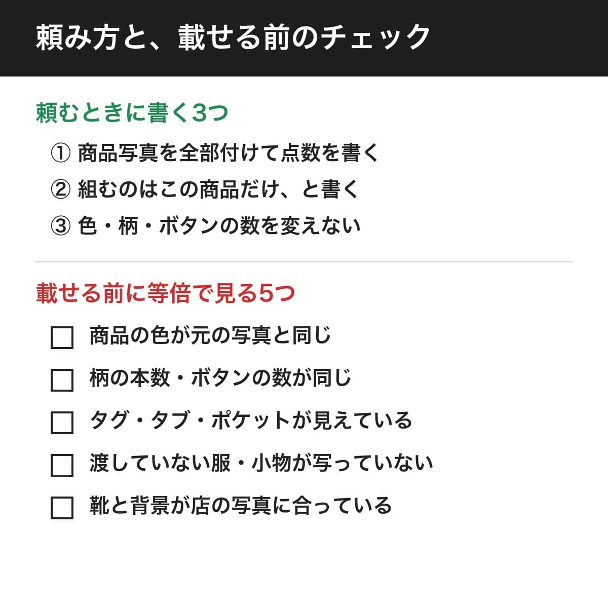 頼むときに書く3つ(商品写真を全部付けて点数を書く、組むのはこの商品だけと書く、色・柄・ボタンの数を変えない)と、載せる前に等倍で見る5つ(商品の色が元の写真と同じ、柄の本数・ボタンの数が同じ、タグ・タブ・ポケットが見えている、渡していない服・小物が写っていない、靴と背景が店の写真に合っている)