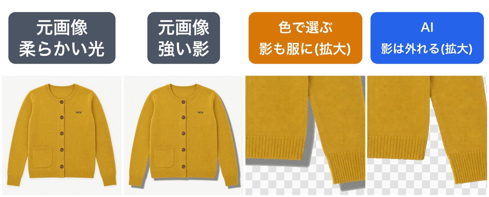 柔らかい光と強い影のカーディガン、強い影の画像を切り抜いた袖口の拡大。色で選ぶ方法は影も服として残り、AIは影を外した