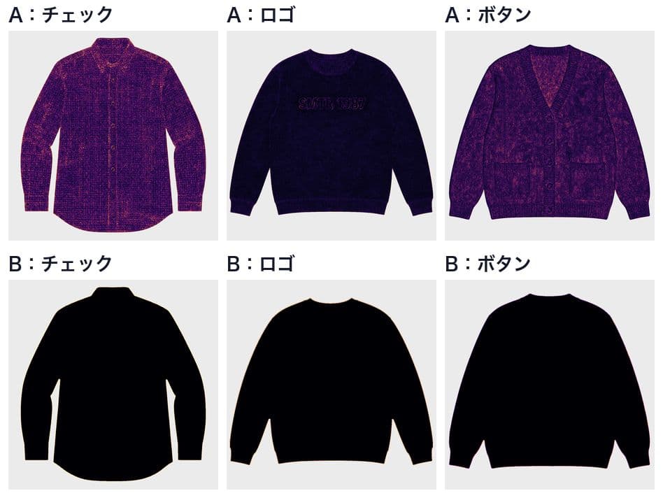 服の範囲で元の画像との色の差を色分けした図。上段のAは服全体に差が散らばり、下段のBは服の内側が真っ黒