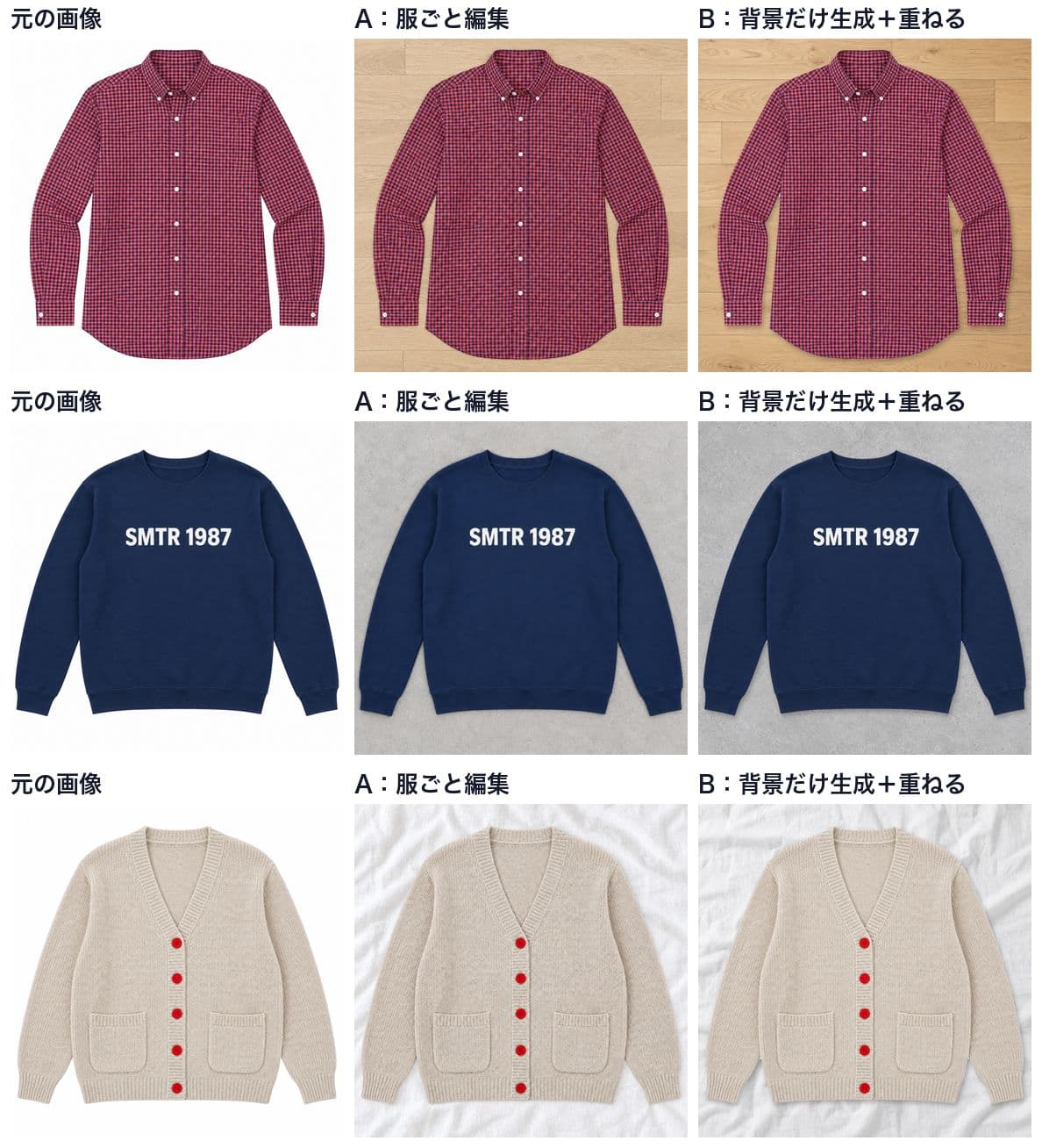 3点の服について、左から元の白抜き画像、服ごと編集したA、背景だけ生成して重ねたBを縮小して並べた比較