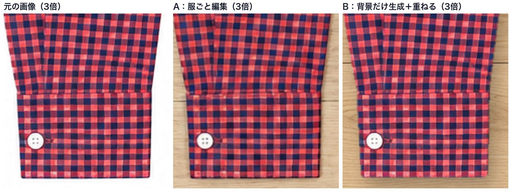 チェックのシャツの袖口を3倍に拡大し、元の画像、A、Bを並べた比較