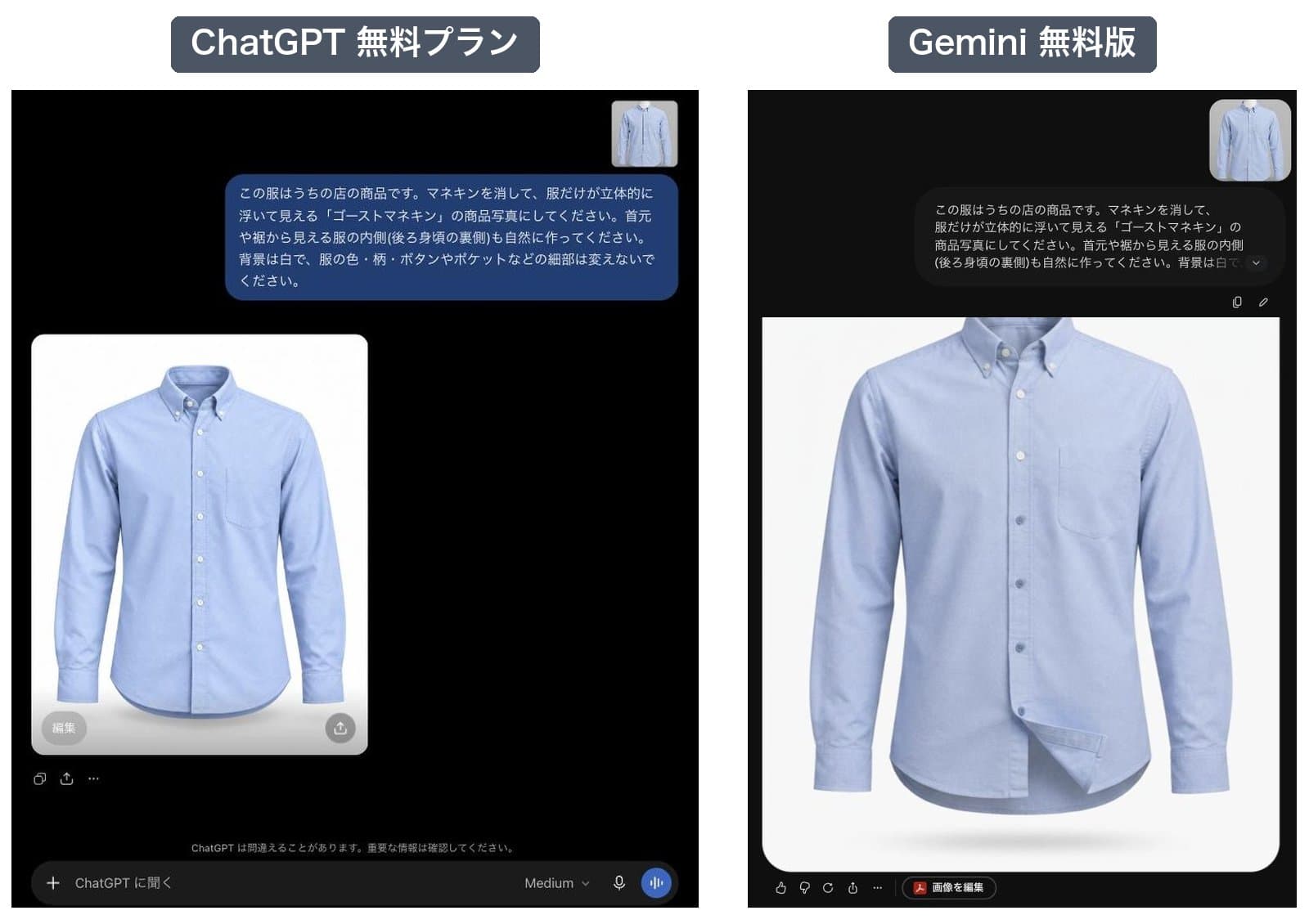 シャツを頼んだときの画面。左はChatGPTの無料プランで、写真と依頼文を送ると白い背景のシャツの写真が1枚返ってきた。右はGeminiの無料版で、同じ依頼にシャツの写真が返ってきたが、前立ての裾がめくれている
