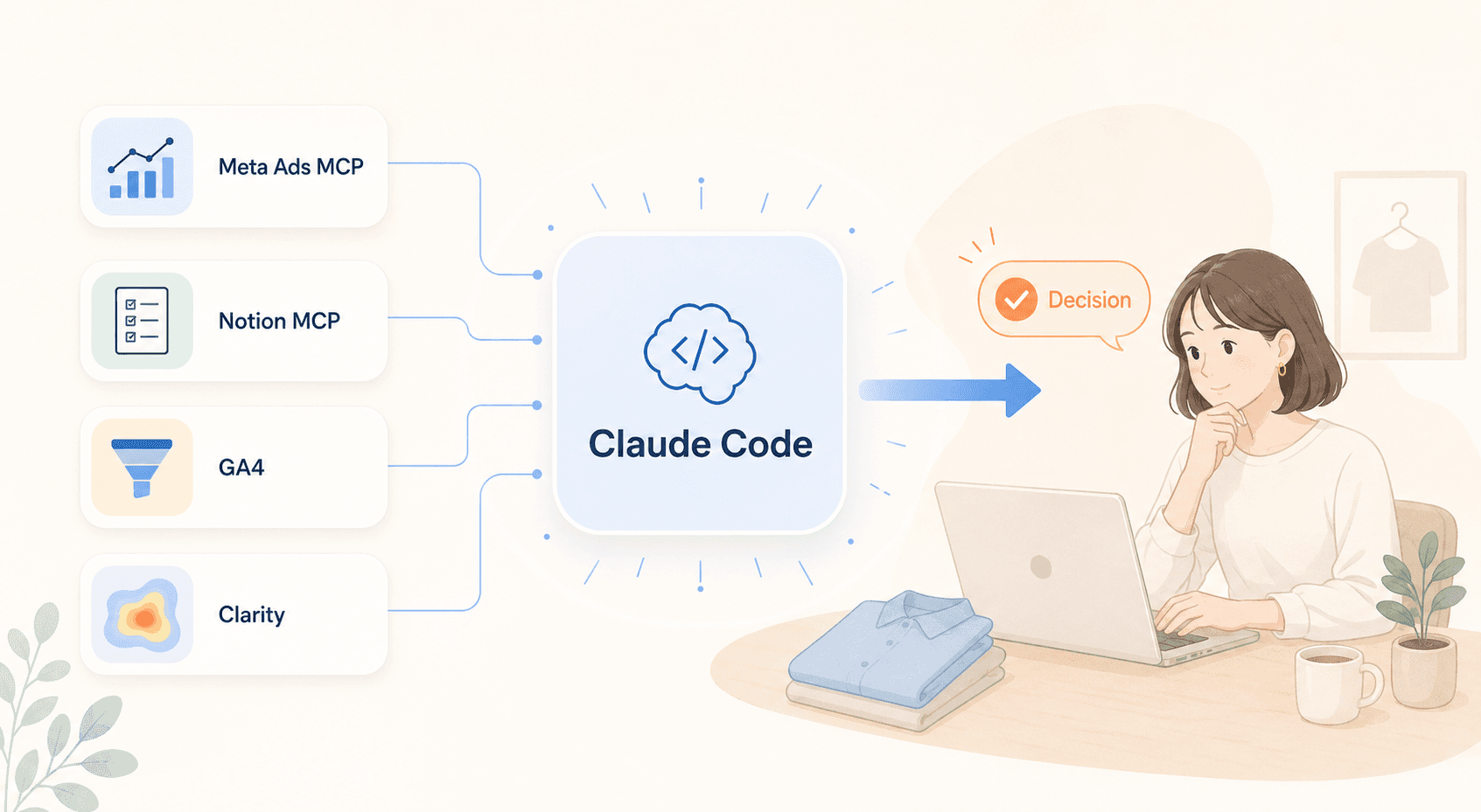 Meta Ads / Notion / GA4 / Clarity の4つの MCP を Claude Code が指令塔として束ね、最終判断は人間が行う構成図