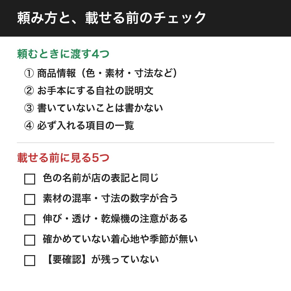 頼むときに渡す4つ(商品情報、お手本にする自社の説明文、書いていないことは書かない、必ず入れる項目の一覧)と、載せる前に見る5つ(色の名前が店の表記と同じ、素材の混率と寸法の数字が合う、伸び・透け・乾燥機の注意がある、確かめていない着心地や季節が無い、【要確認】が残っていない)