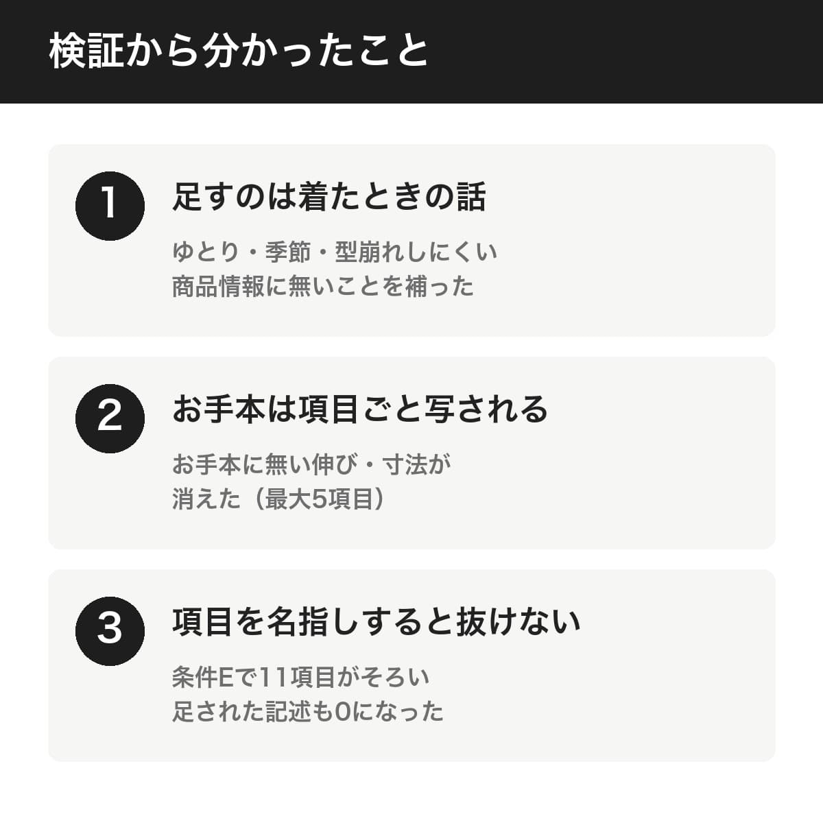 分かったこと3つ。足すのは着たときの話、お手本は項目ごと写される、項目を名指しすると抜けない
