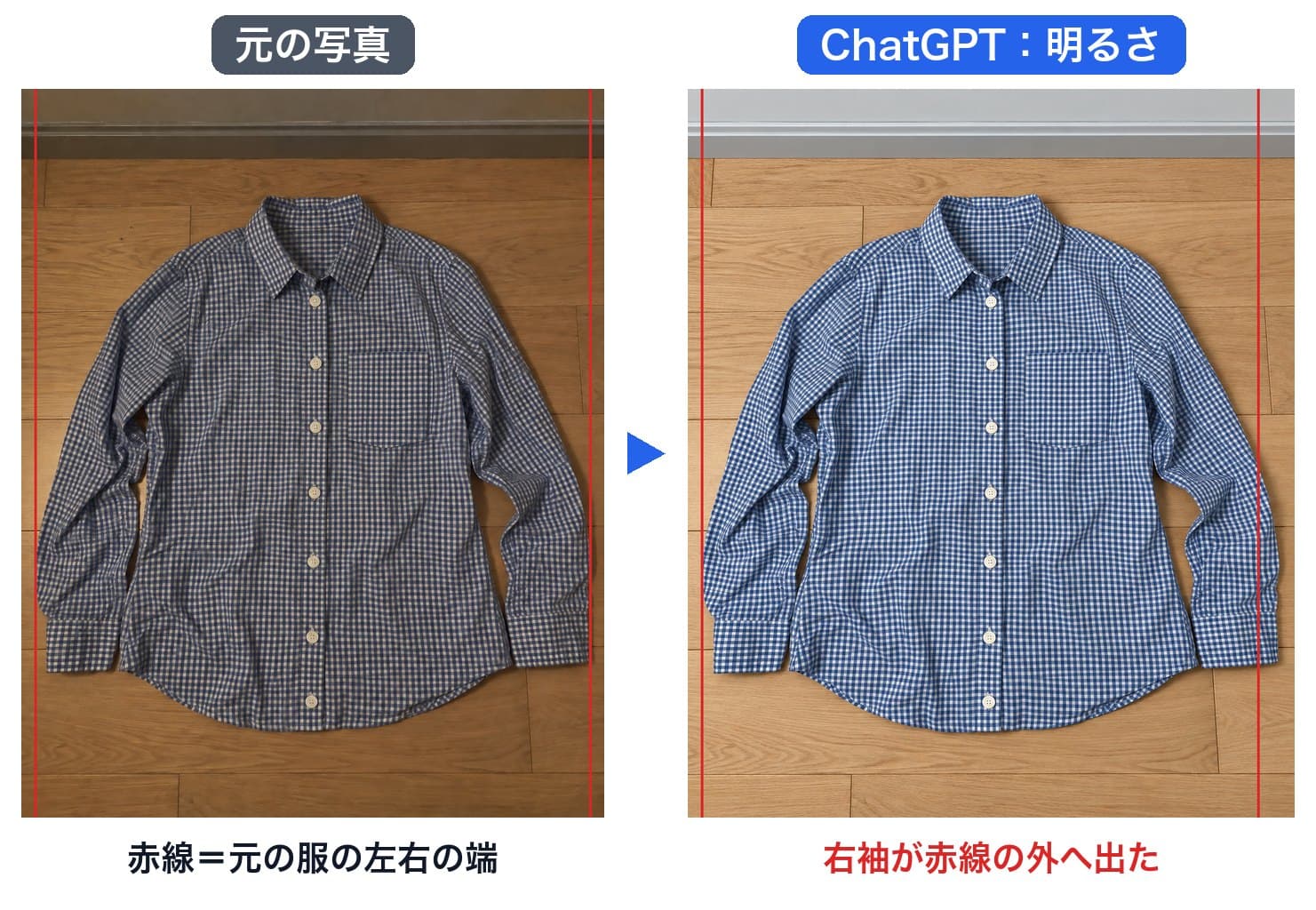ChatGPTの明るさ補正の結果に、元の服の左右の端を赤線で重ねた図。右袖が赤線の外へ出ている