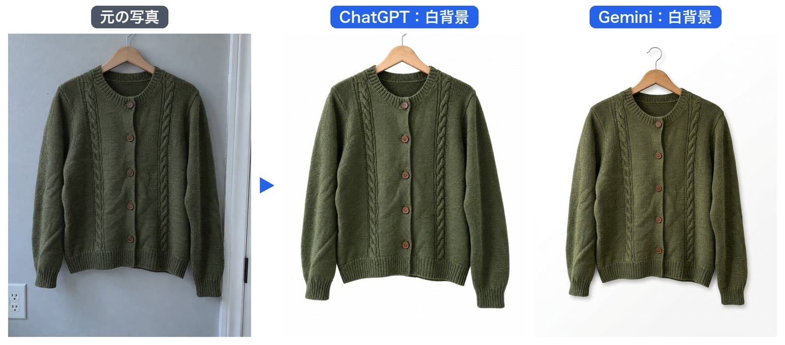 カーディガンに白背景を頼んだ結果。ChatGPTは服が一回り大きくなり、Geminiは服が小さく上寄りになって右下に影が付いた