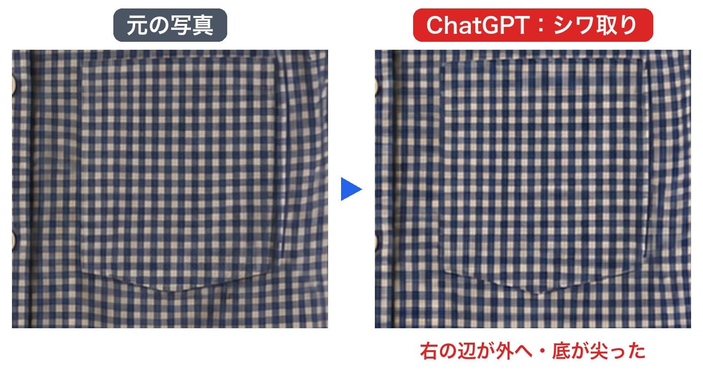 シャツの胸ポケットの拡大。ChatGPTのシワ取りの結果では、ポケットの右の辺が外へ移り、底が尖った