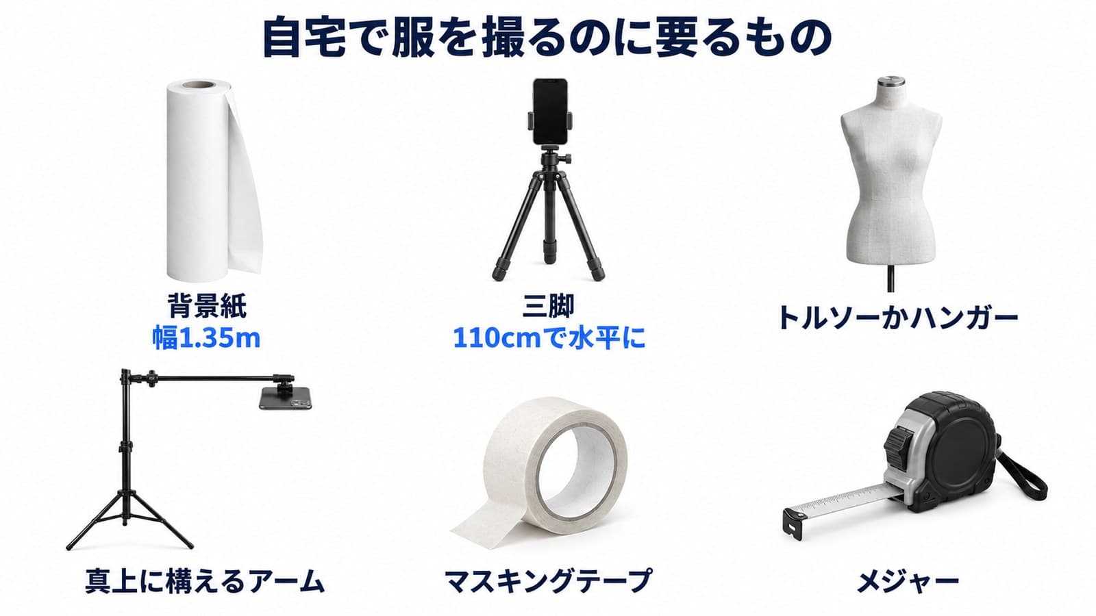 自宅で服を撮るのに要るもの6品。幅1.35mの背景紙、110cmで水平に構える三脚、トルソーかハンガー、真上に構えるアーム、マスキングテープ、メジャー