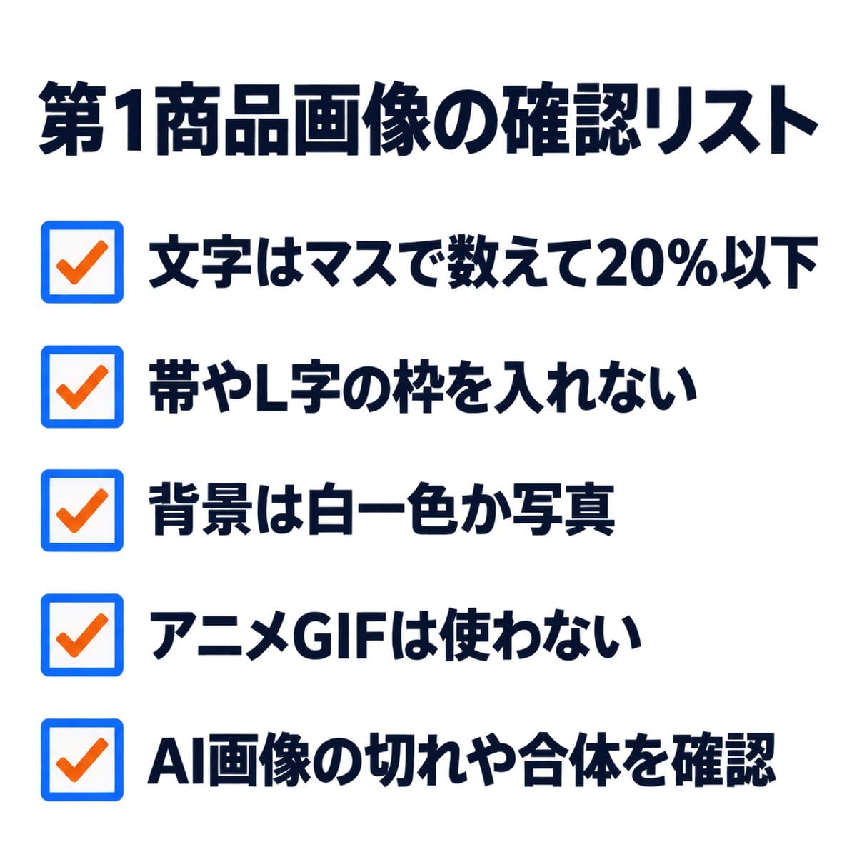 文字はマスで数えて20%以下、帯やL字の枠を入れない、背景は白一色か写真、アニメGIFは使わない、AI画像の切れや合体を確認、の5項目のチェックリスト