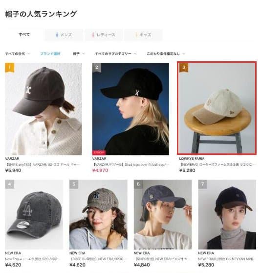 帽子の人気ランキング。白い背景の物だけの写真が並ぶ
