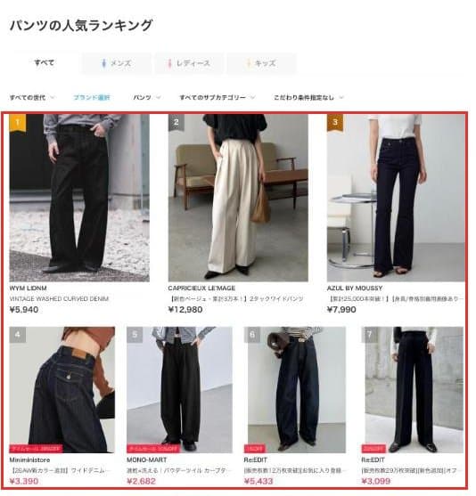 パンツの人気ランキング。腰から下の写真が並ぶ