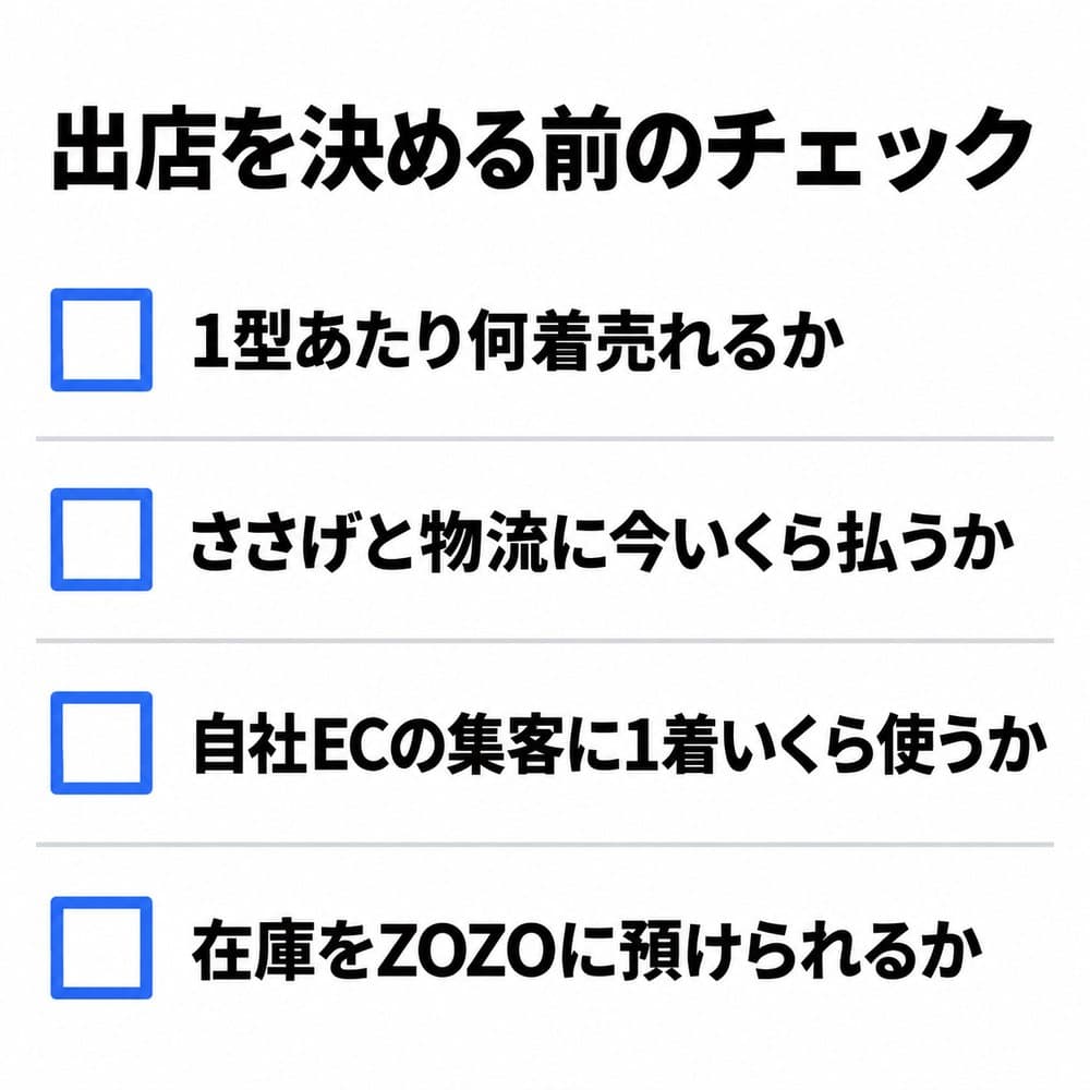 出店を決める前のチェックリスト。1型あたり何着売れるか、ささげと物流に今いくら払うか、自社ECの集客に1着いくら使うか、在庫をZOZOに預けられるか