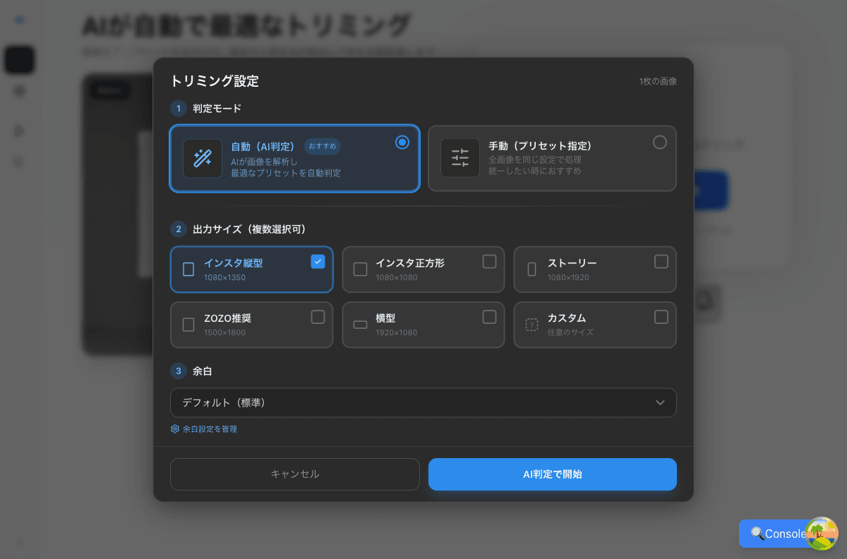 初期設定画面 — 自動モード(デフォルト)の表示
