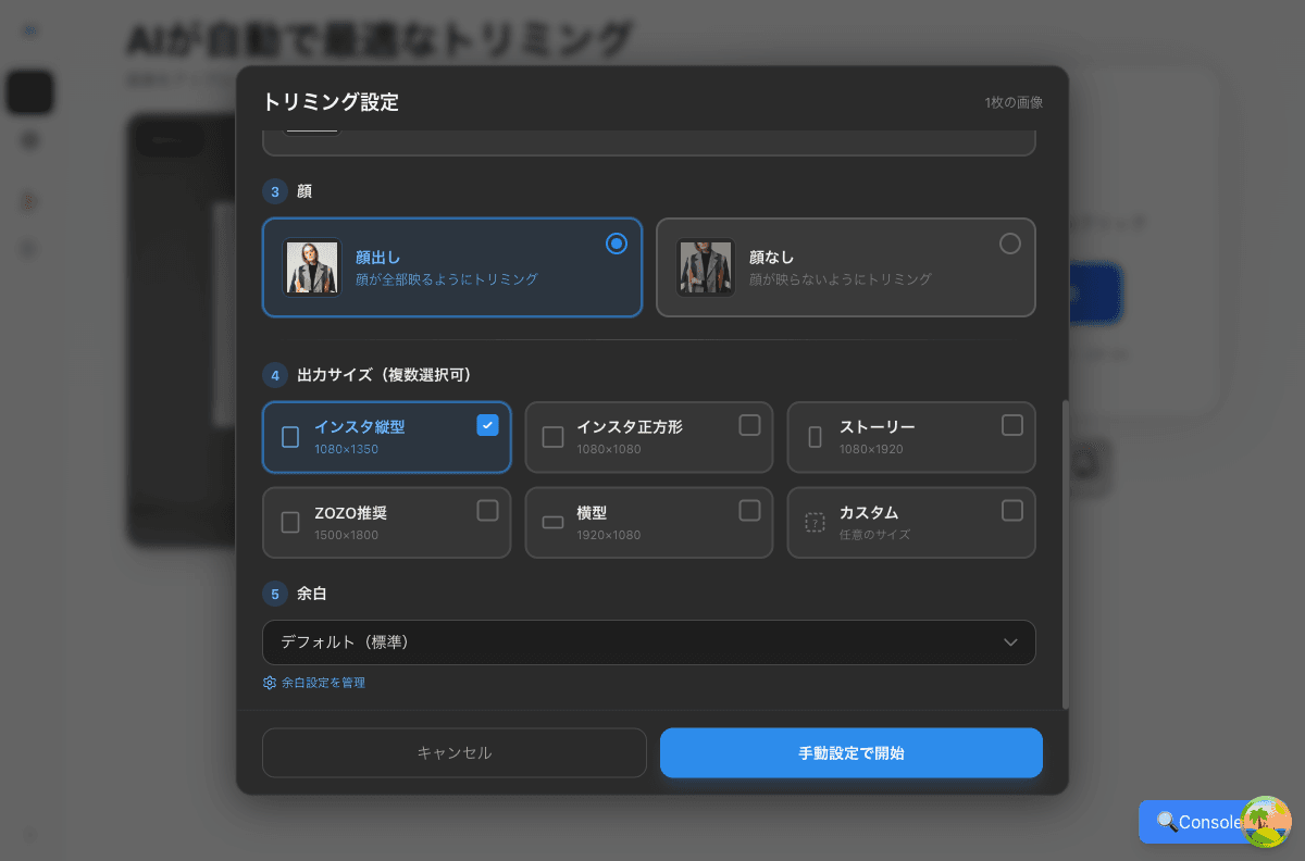 手動モード — 顔設定セクション