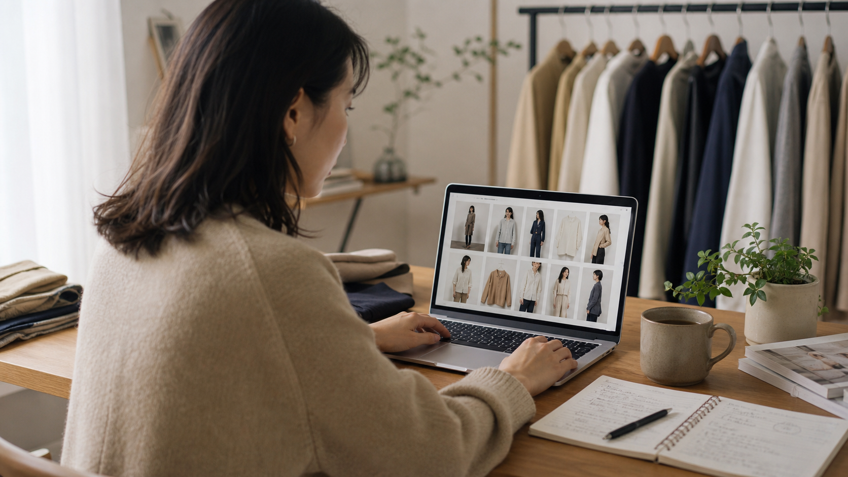 ノートPCで商品画像のサムネを確認しながら編集している女性スタッフ(イメージ)