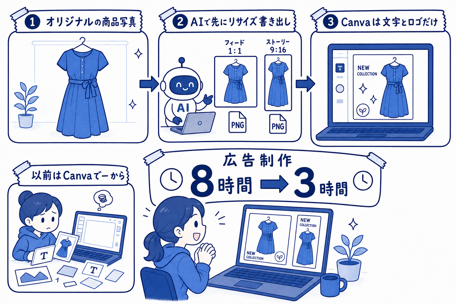 広告制作フロー比較の手描きイラスト。商品写真をAIで先にフィード・ストーリー用にリサイズ書き出し、Canvaは文字とロゴだけ、以前はCanvaで一から、広告制作 8時間→3時間