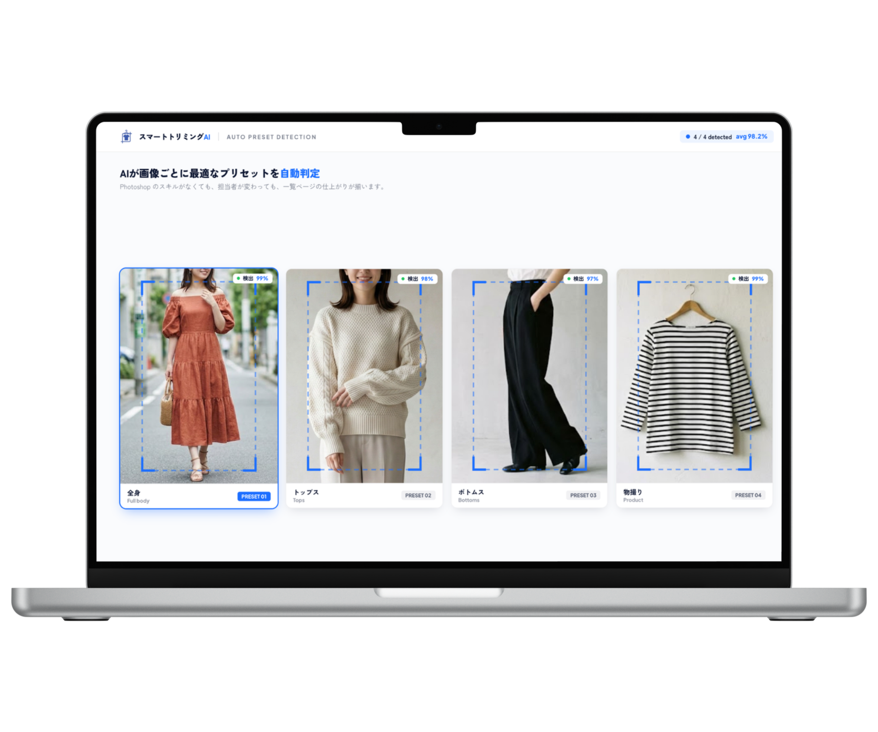AIが画像ごとにプリセット（全身/トップス/ボトムス/物撮り）を自動判定しているアプリ画面